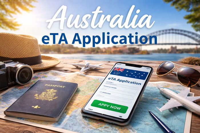 Australia eTA application form on phone with passport map and travel accessories
