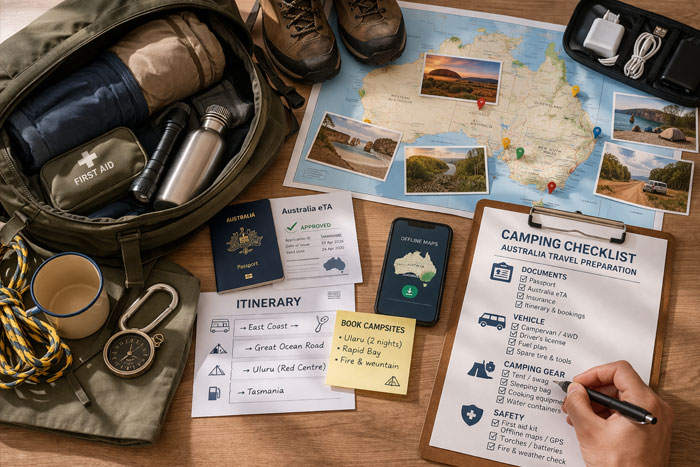 Camping checklist Australia travel preparation with gear and map