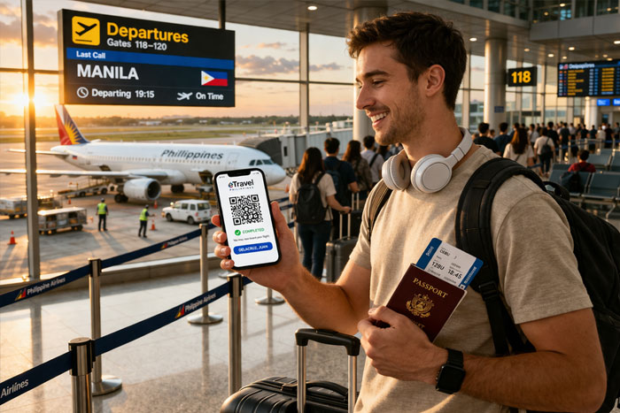 Traveler presenting eTravel Philippines QR code at airport departure gate