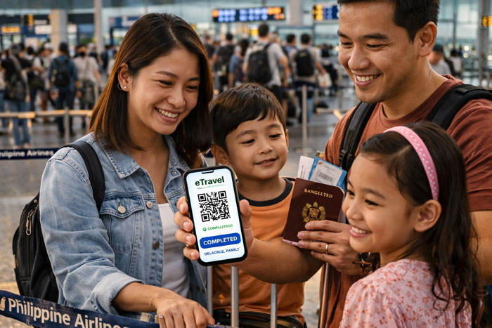 Family with children presenting eTravel Philippines QR code at airport check-in