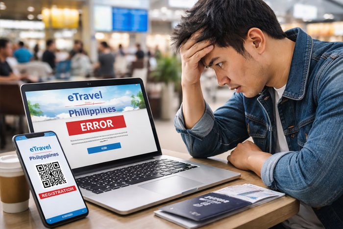Traveler facing eTravel Philippines not working error on laptop at airport before flight