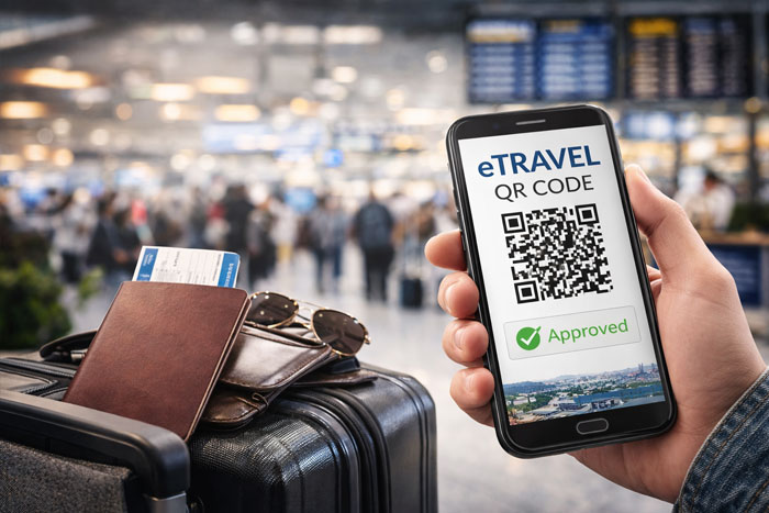 eTravel Philippines QR code displayed on smartphone at airport before departure