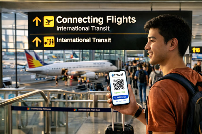 Traveler holding eTravel Philippines QR code in airport transit connecting flights area