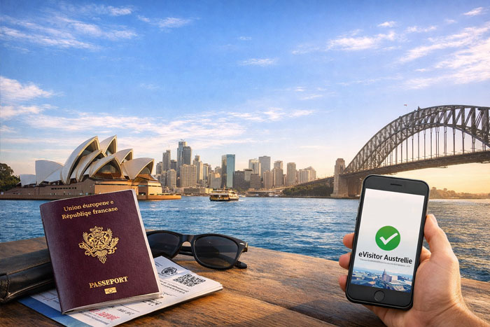 Modulo eVisitor Australia su smartphone con passaporto e vista di Sydney