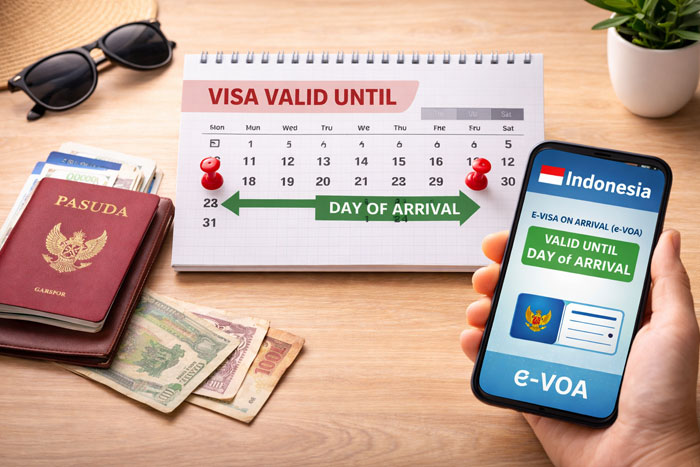 Indonesia eVOA validity showing visa valid until day of arrival with travel documents