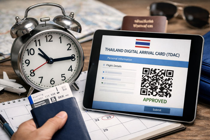 Thailand arrival card when to submit with 72 hours rule and QR code example on tablet
