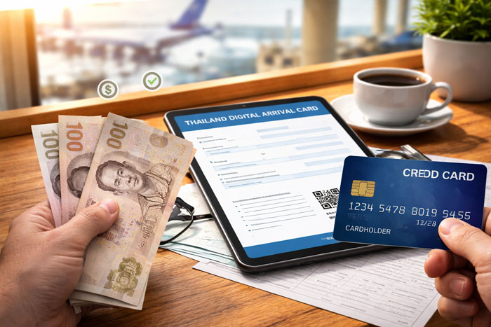 Thailand digital arrival card cost payment with Thai baht cash and credit card next to online arrival form at airport