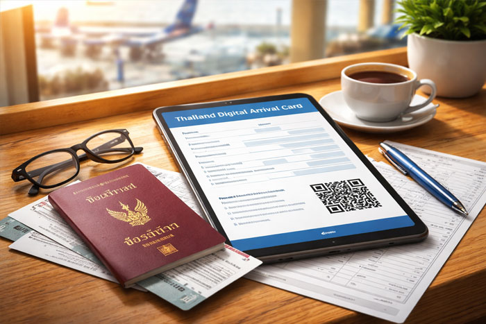 Thailand digital arrival card form displayed on tablet with passport and boarding pass at airport