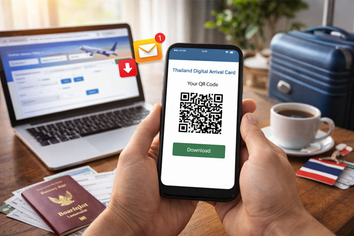 Download Thailand digital arrival card QR code on smartphone with travel documents and laptop at home