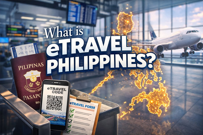 Airport scene with passport and eTravel Philippines registration on mobile phone