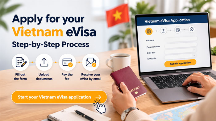 Apply for Vietnam eVisa step by step with online application form, passport and travel documents on laptop