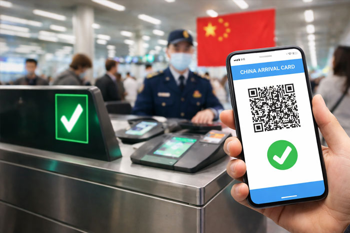 China arrival card validated with QR code at China immigration