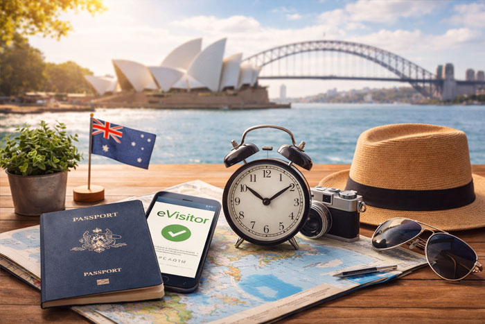 eVisitor Australien Online-Antrag mit Uhr zur Bearbeitungszeit