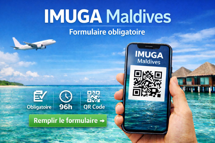 Formulaire IMUGA Maldives affiché sur smartphone avec QR code à l’arrivée