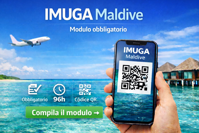 Modulo IMUGA Maldive visualizzato su smartphone con codice QR all'arrivo