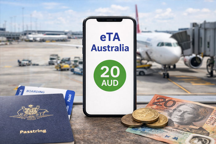 eTA Australia cost 20 AUD shown on smartphone with airplane in airport background