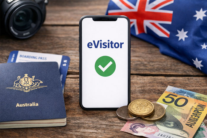 Australian eVisitor price with a green visual confirmation on a smartphone