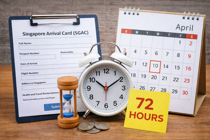 When to fill out the Singapore SG Arrival Card with a clock and calendar illustrating the processing time before arrival