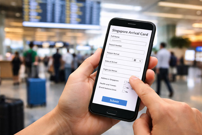 Singapore SG Arrival Card form filled out on a phone at the airport by a traveler