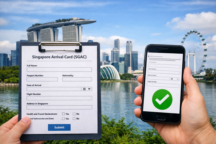 Singapore Arrival Card online form validated on a phone with the Singapore skyline