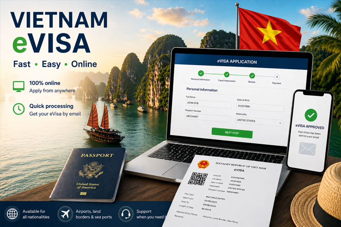 Vietnam eVisa online process with approved visa confirmation and travel documents